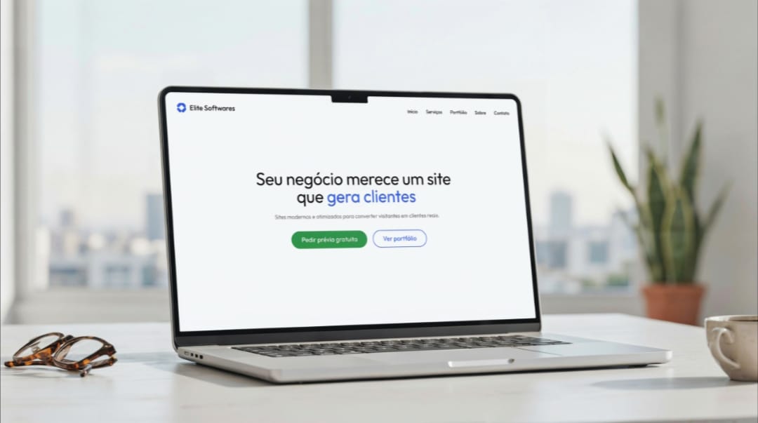 Notebook exibindo o site da Elite Softwares